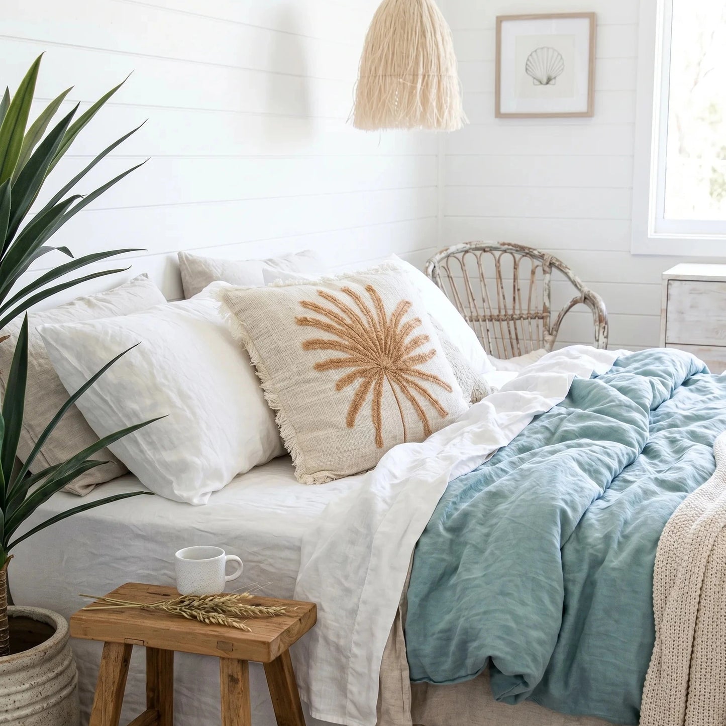 Cozy bedroom with a bed, pillows, and a plant