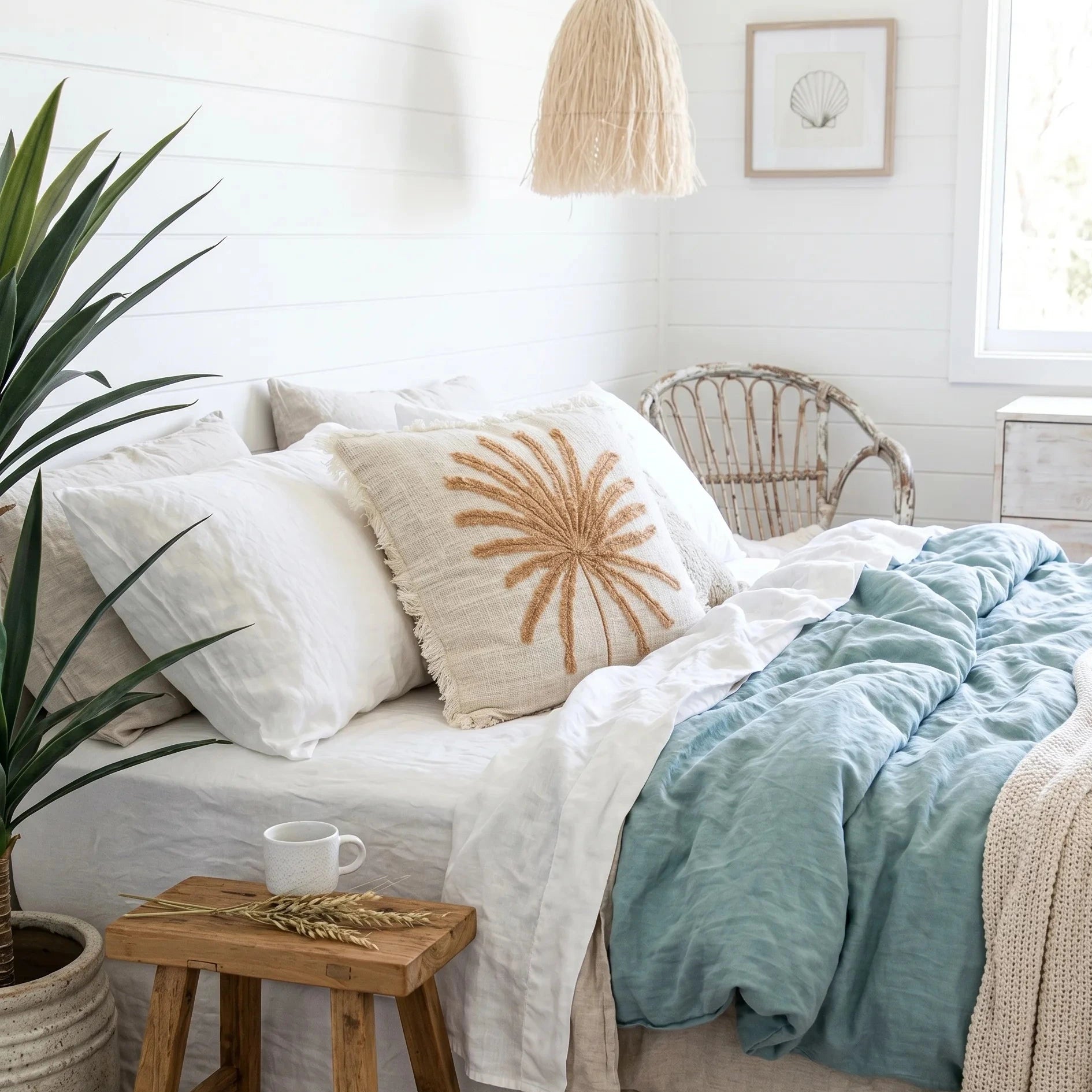 Cozy bedroom with a bed, pillows, and a plant