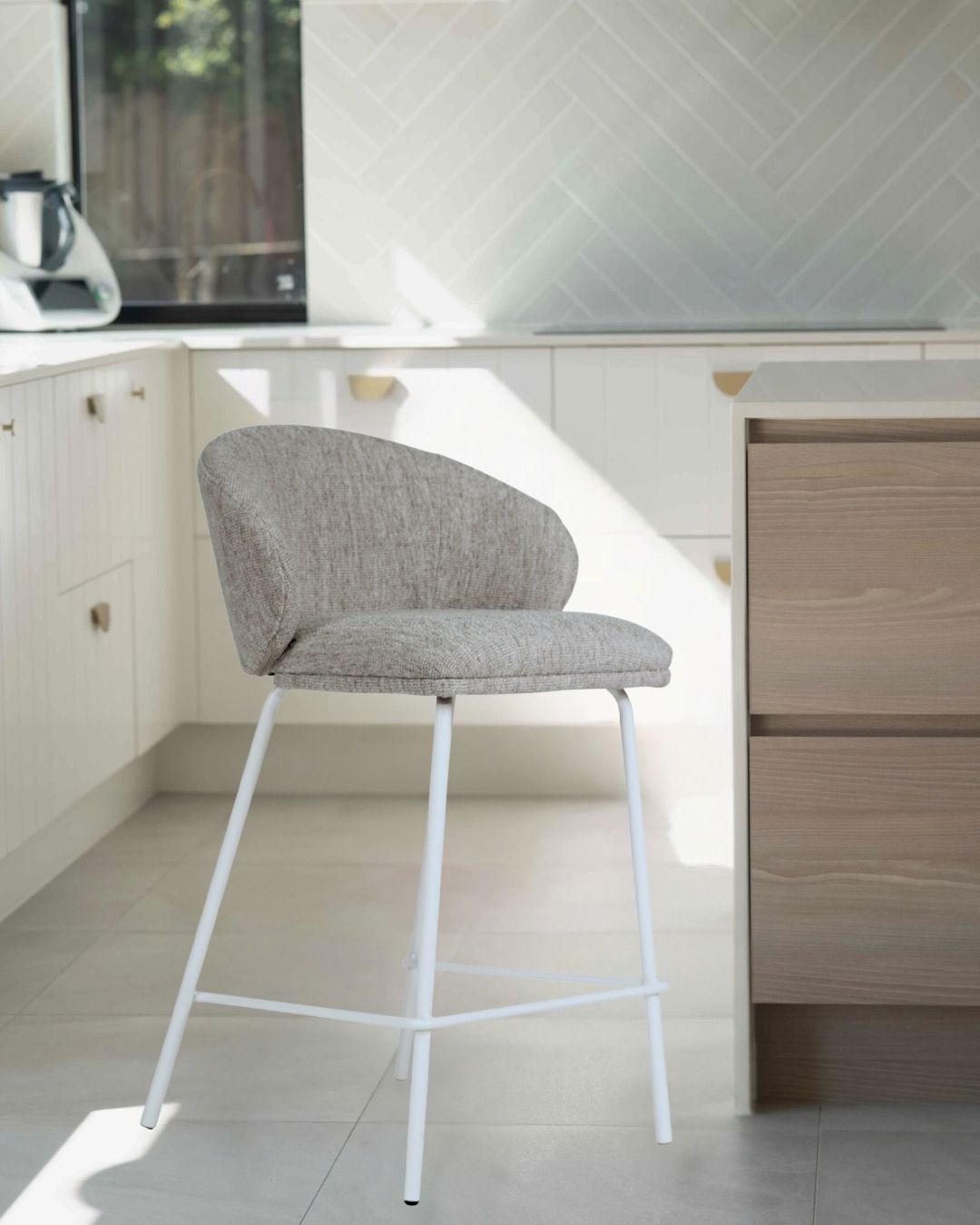 Aster Counter Stool - Pebble Upholstery with White Legs Sun Republic 