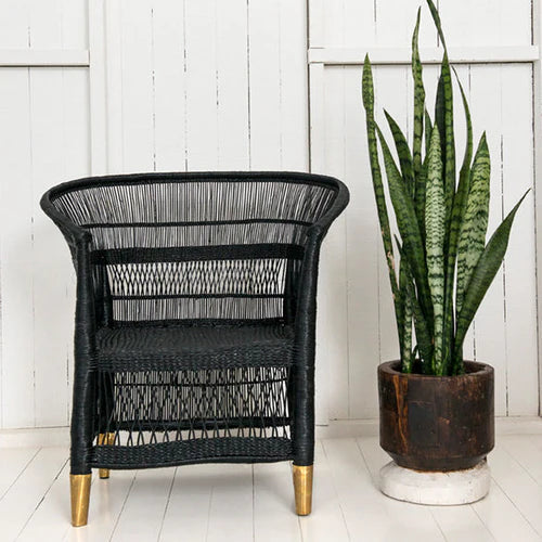 Authentic Black Malawi Cane Chair - Brass Feet Coastal Drift 