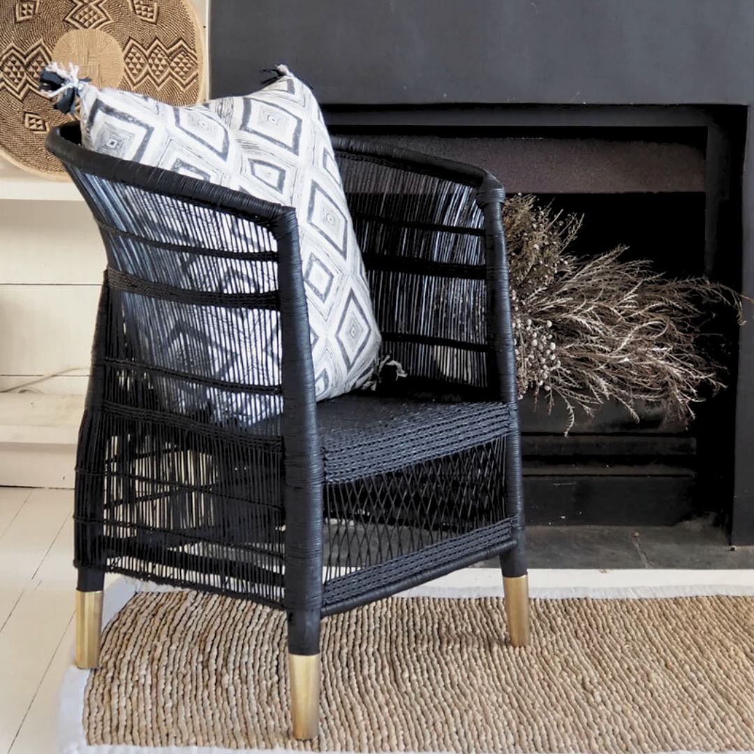 Authentic Black Malawi Cane Chair - Brass Feet Coastal Drift 