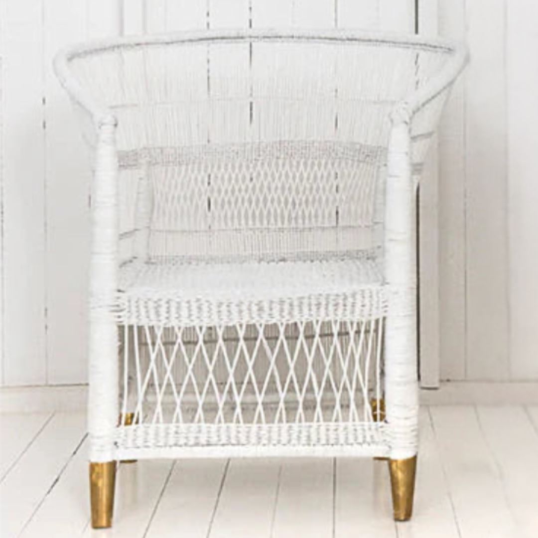 Authentic White Malawi Cane Chair - Brass Feet Coastal Drift 