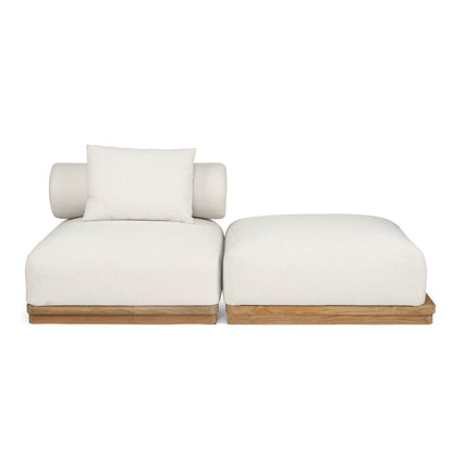 White sectional chair with teak wooden base on a white background