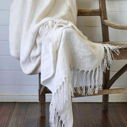 White textured throw blanket with fringes draped over a wooden chair against a white wall.