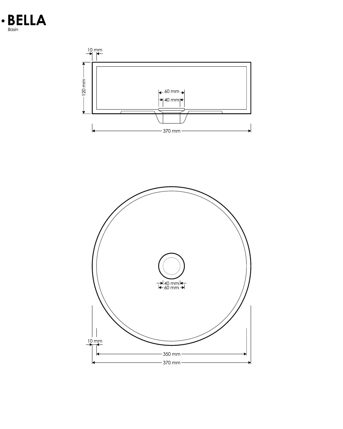 Technical drawing of a circular sink with dimensions labeled, featuring the brand 'Bella'.