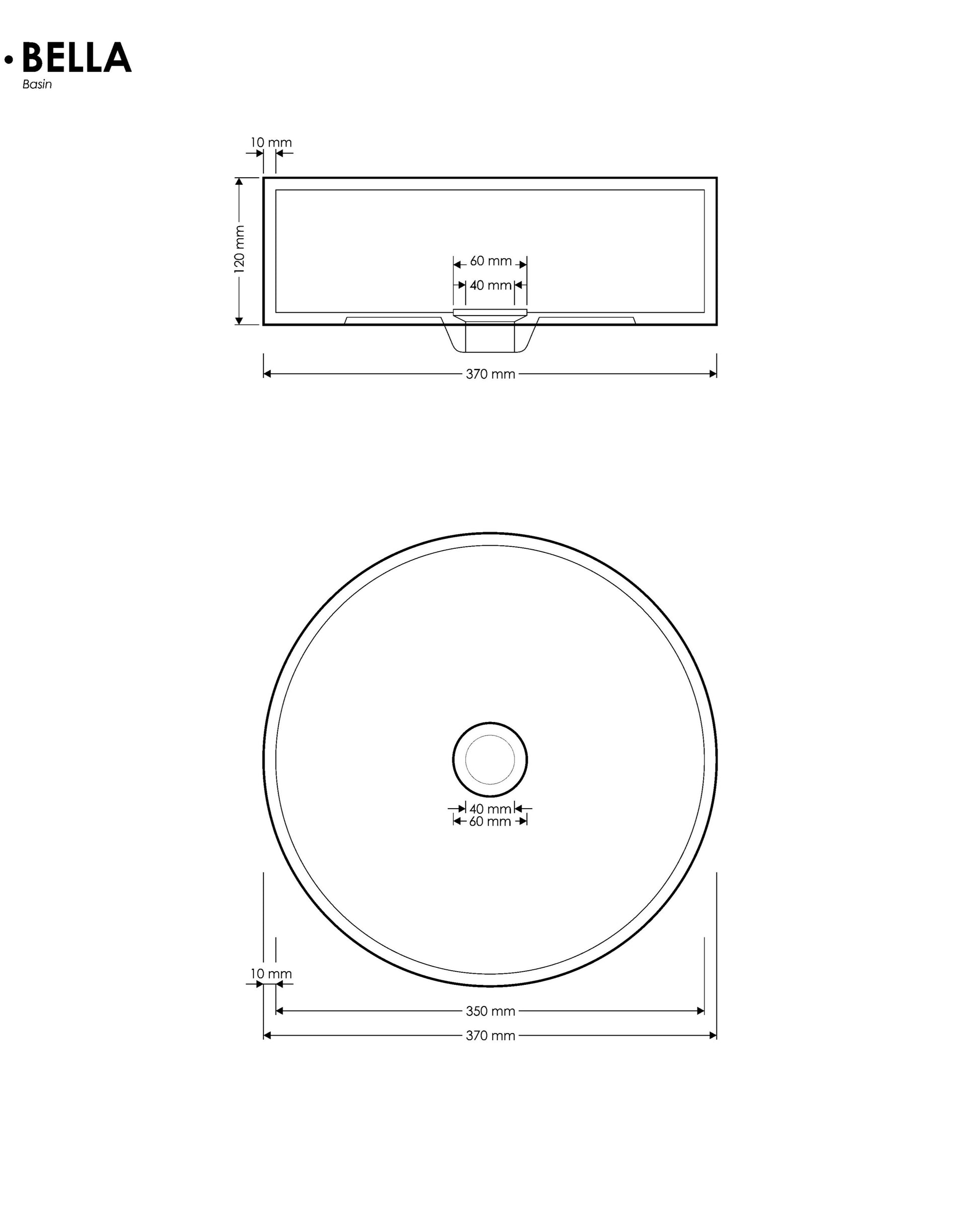 Technical drawing of a circular sink with dimensions labeled, featuring the brand 'Bella'.