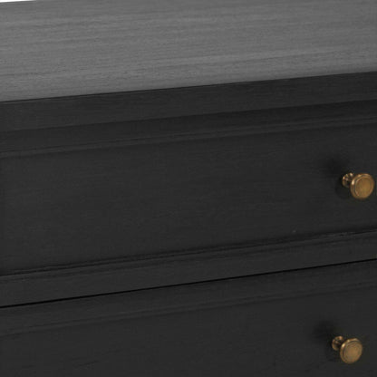 Close-up of a dark charcoal gray wooden dresser with two drawers and round gold knobs.