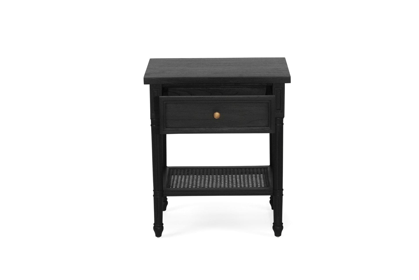 Black Cayman Bedside Table 57cm With Cane Shelf Sun Republic 