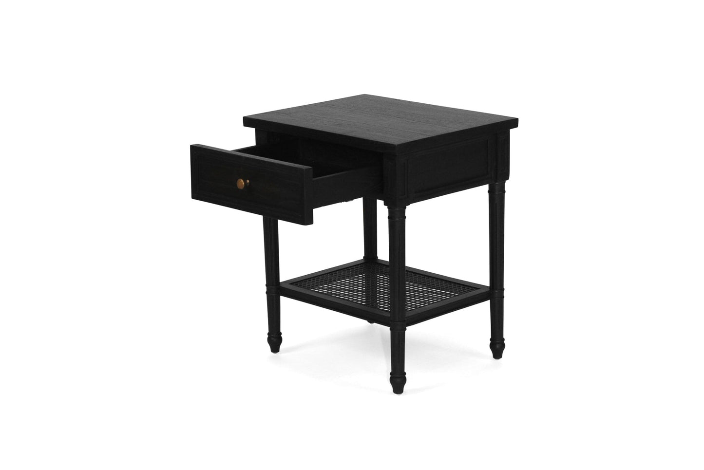 Black Cayman Bedside Table 57cm With Cane Shelf Sun Republic 