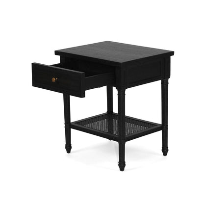 Black Cayman Bedside Table 57cm With Cane Shelf Sun Republic 