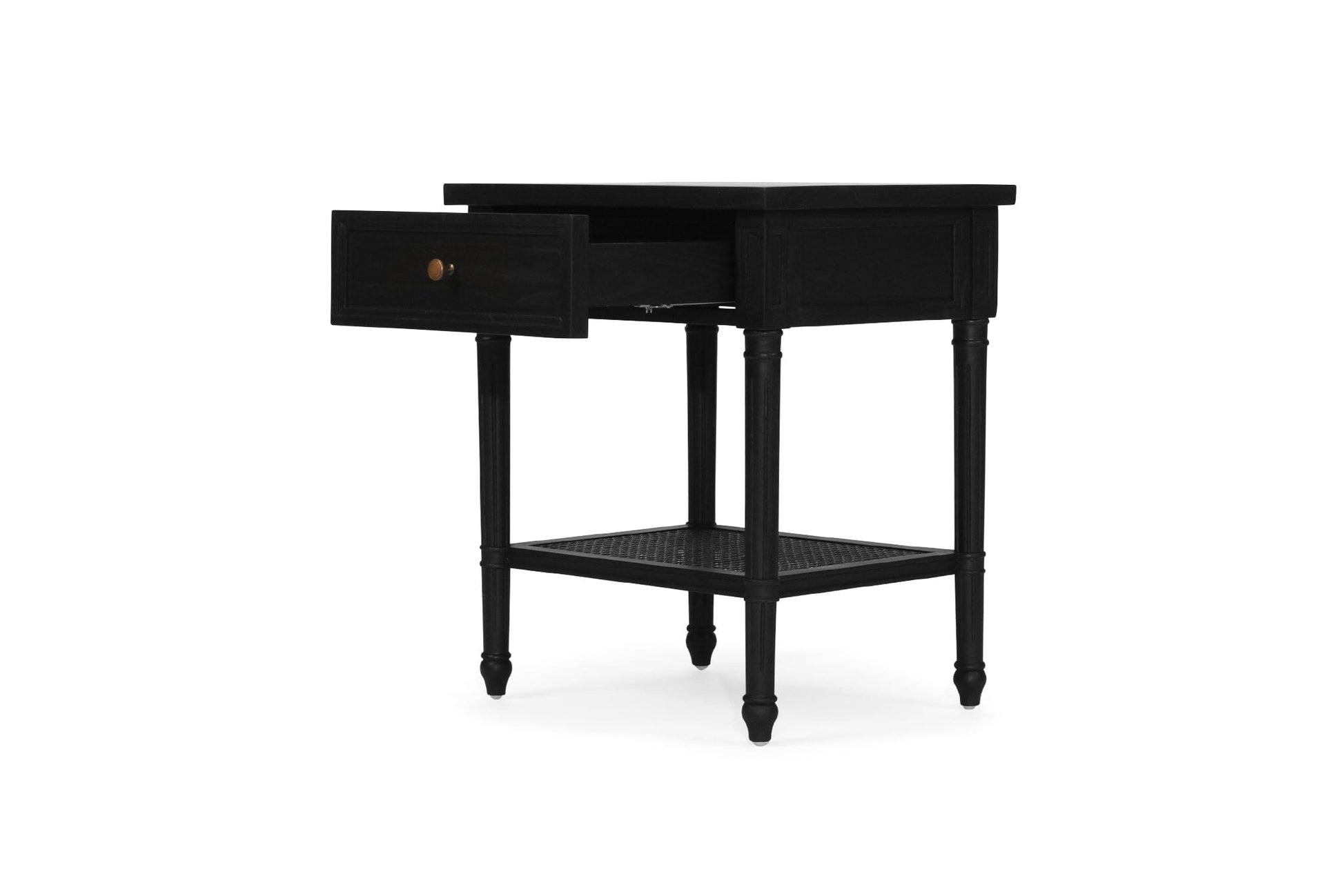 Black Cayman Bedside Table 57cm With Cane Shelf Sun Republic 