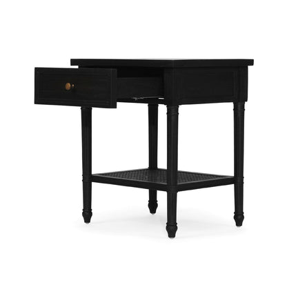 Black Cayman Bedside Table 57cm With Cane Shelf Sun Republic 