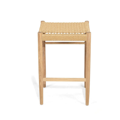 American Oak Counter stool with woven seat on a white background