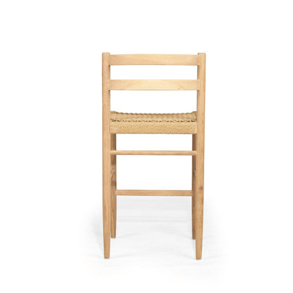 American Oak Kitchen Counter Stool with back rest and woven seat on a white background