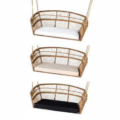 Three hanging woven swings with cushions on a white background