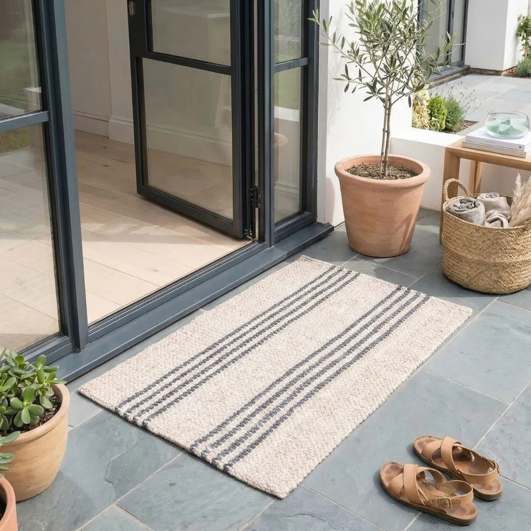 Doormat with striped pattern on a stone patio with plants and shoes