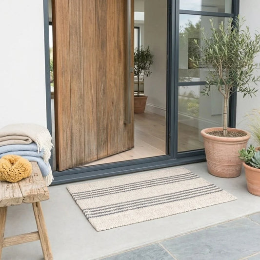 Decorative rug on a patio with a wooden bench, towels, and potted plants.