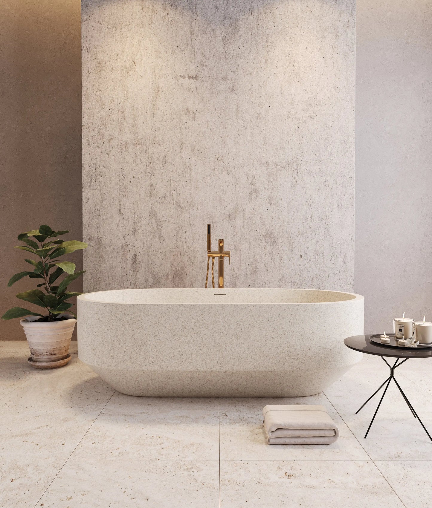 Modern bathroom with a freestanding stone bathtub against a concrete wall.