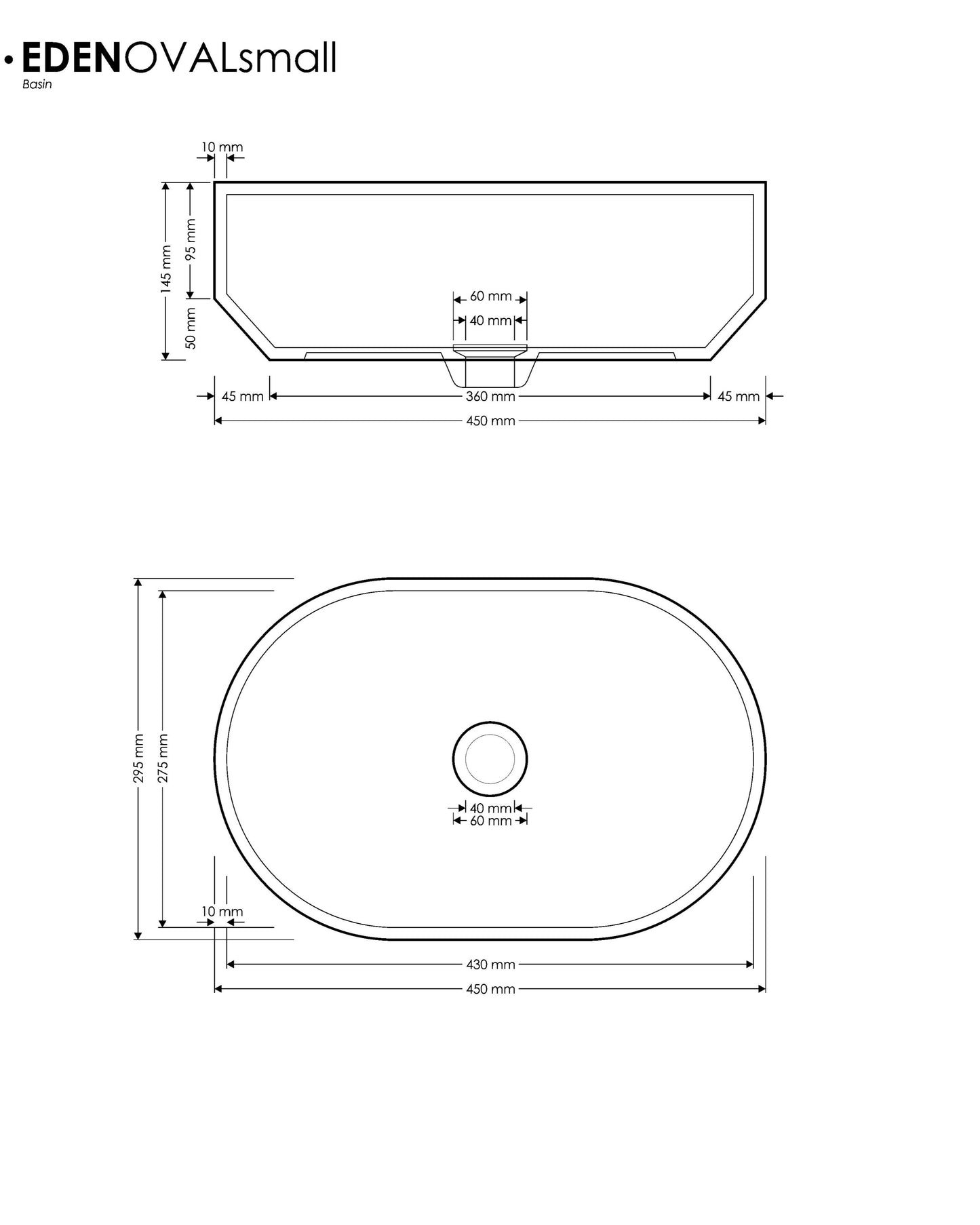 Eden Oval Above Counter Basin  Specs