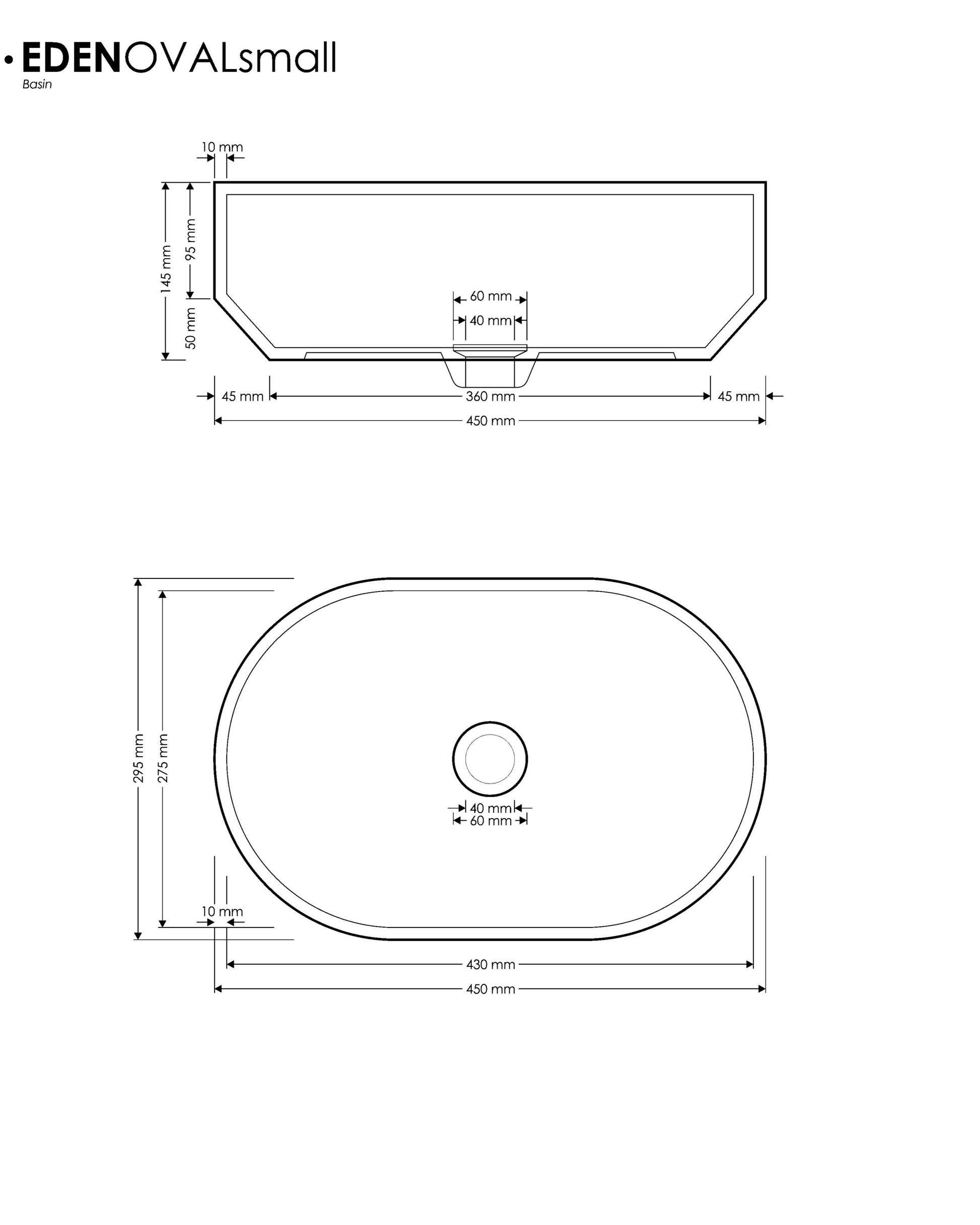 Eden Oval Above Counter Basin  Specs