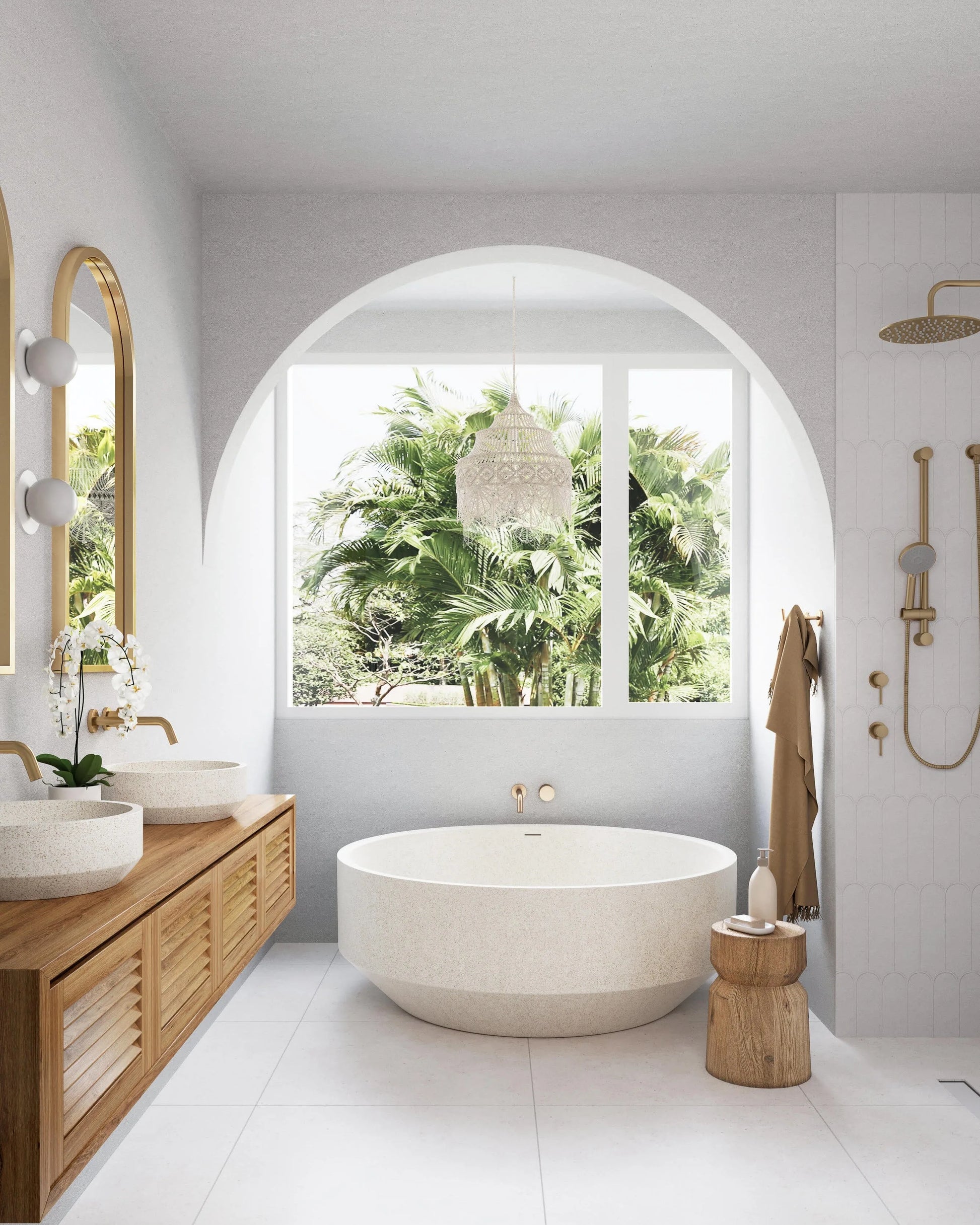 Modern bathroom with a freestanding bathtub, wooden vanity, and large window with outdoor view.