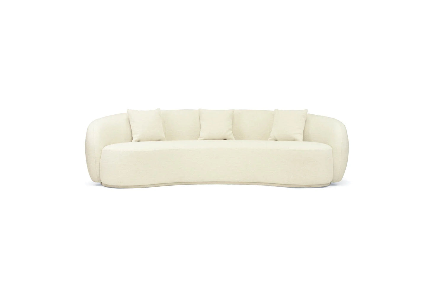 Off white colored linen curved sofa on a white background