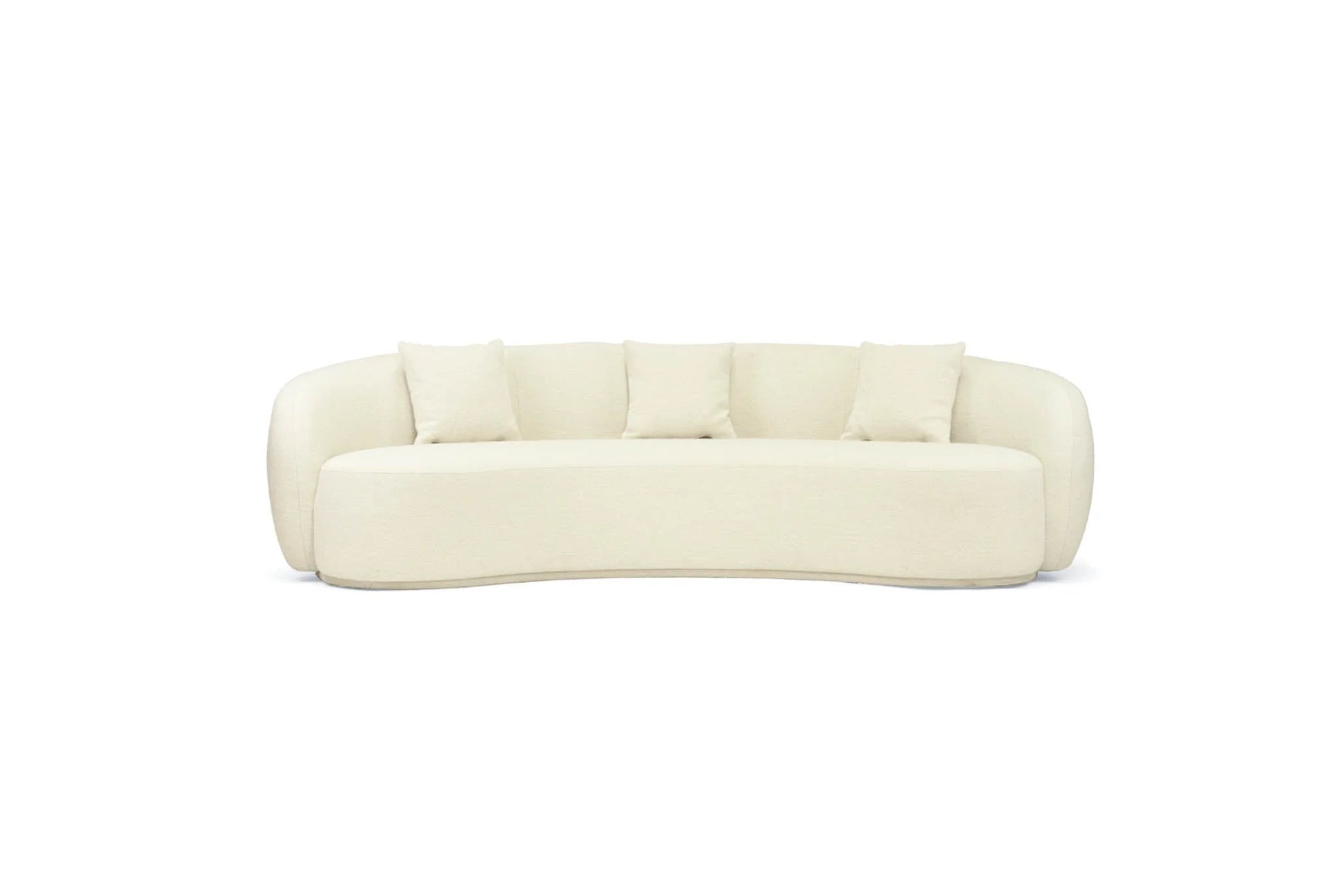 Off white colored linen curved sofa on a white background