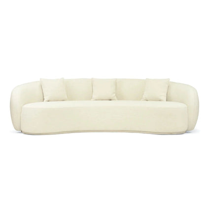 Off white colored linen curved sofa on a white background