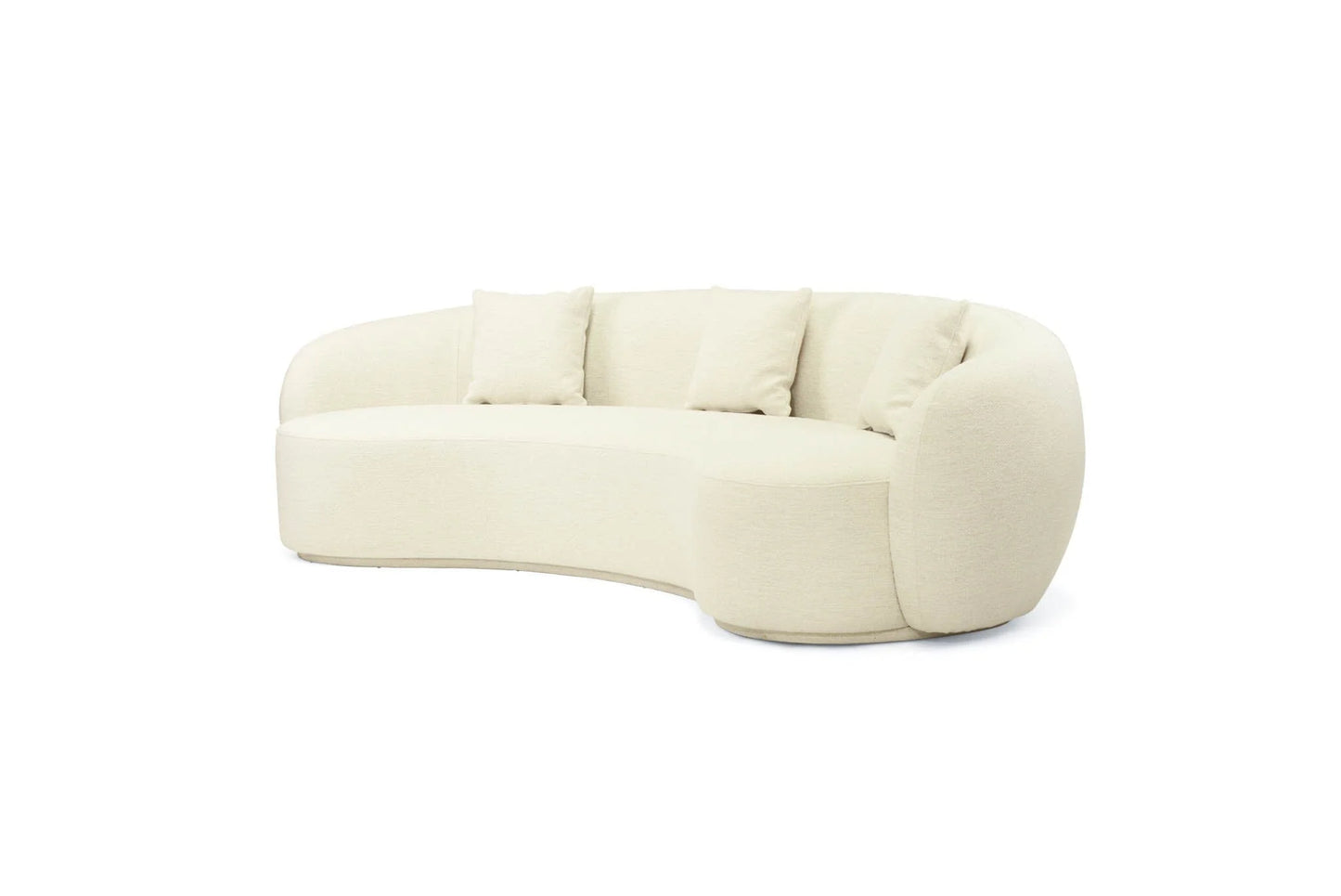 Off white colored linen curved sofa on a white background