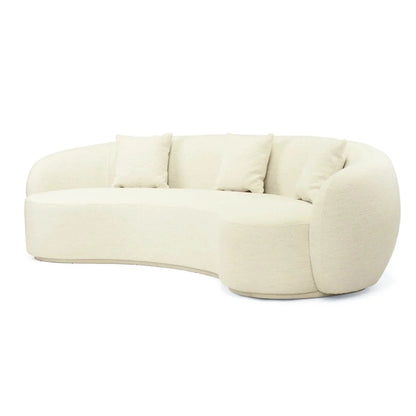 Off white colored linen curved sofa on a white background
