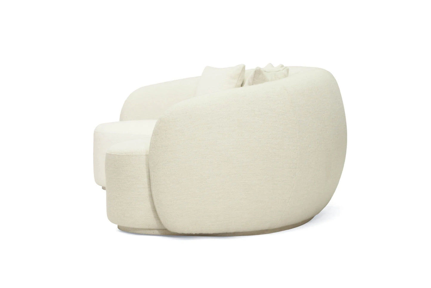 Off white colored linen curved sofa on a white background