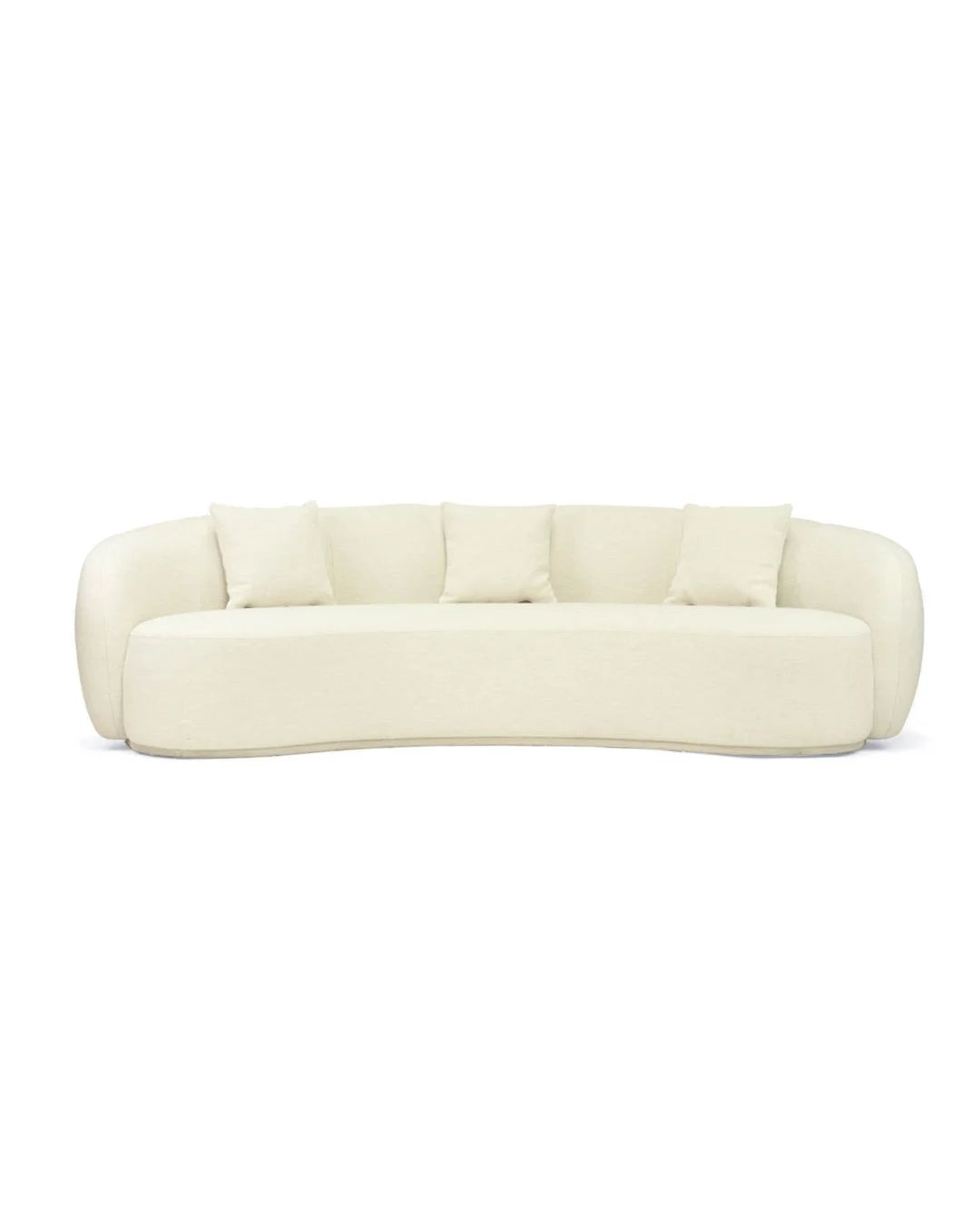 Off white colored linen curved sofa on a white background