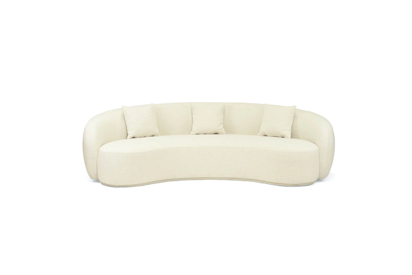Off white colored linen curved sofa on a white background