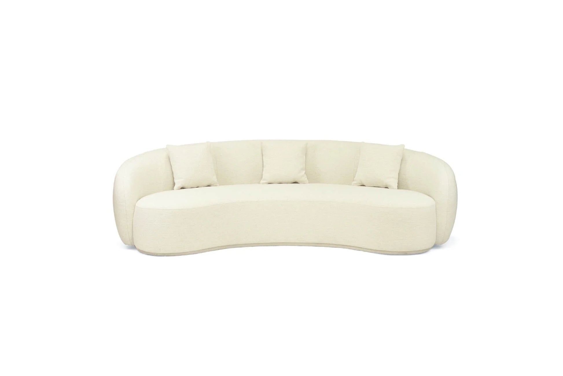 Off white colored linen curved sofa on a white background