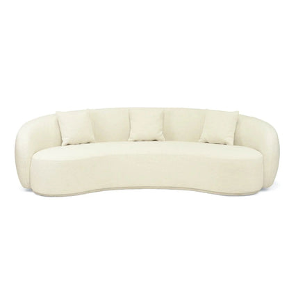Off white colored linen curved sofa on a white background