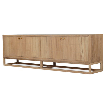 A mid-century modern sideboard cabinet made of light natural oak wood, featuring four doors with small brass knobs and a low open metal frame base, shown against a plain white background.