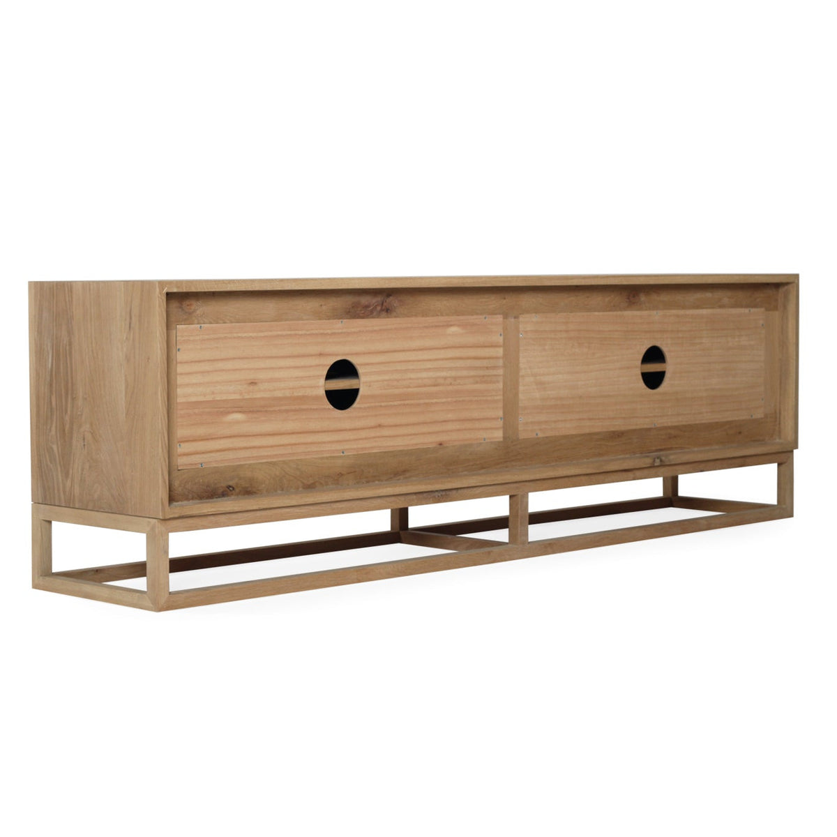 A modern two-drawer wooden sideboard with a light oak finish, featuring circular cutouts on the doors and a low open metal frame base, shown against a plain white background.