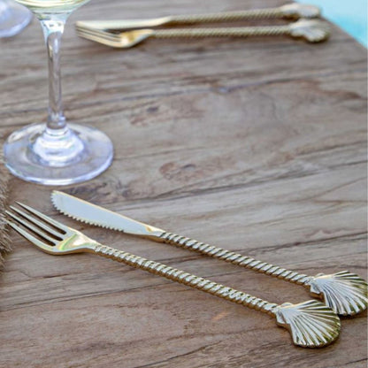 Gold Brass Clam Shell Cutlery - 20cm Knife & Fork Sun Republic 
