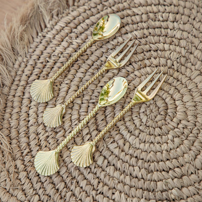 Gold Brass Clam Shell Tea Spoon & Fork - 14cm Sun Republic 