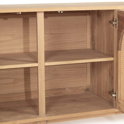Wooden cabinet with open door revealing wicker interior