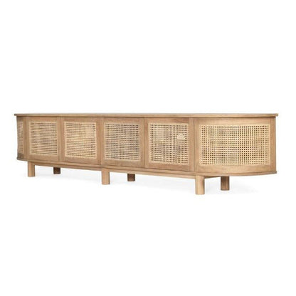 A light natural wood sideboard or credenza with five cane-rangeframe front panels, shown on a plain white background.