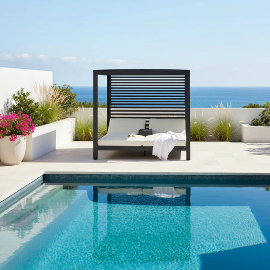 Modern outdoor cabanas by a pool with a scenic background