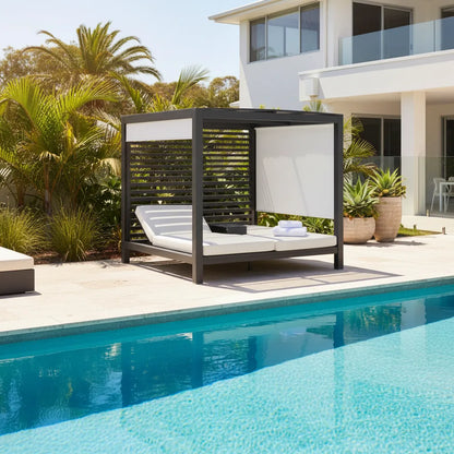 Modern outdoor cabanas by a pool with a scenic background