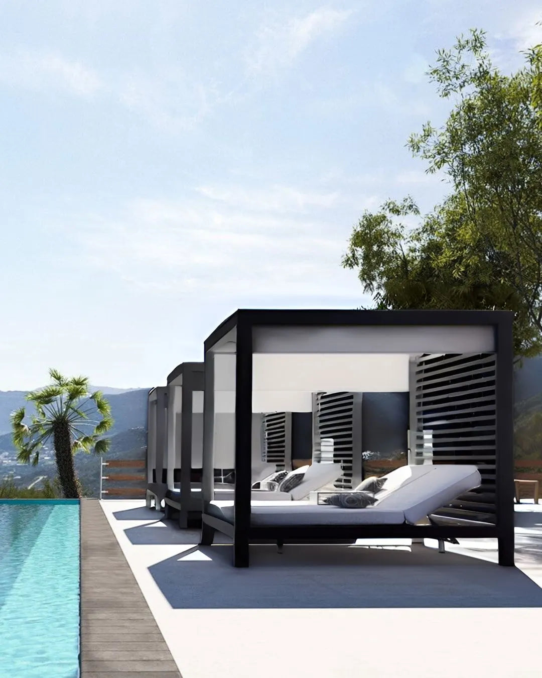 Modern outdoor cabanas by a pool with a scenic background