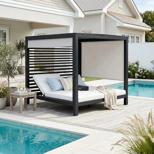 Modern outdoor cabanas by a pool in a modern coastal home