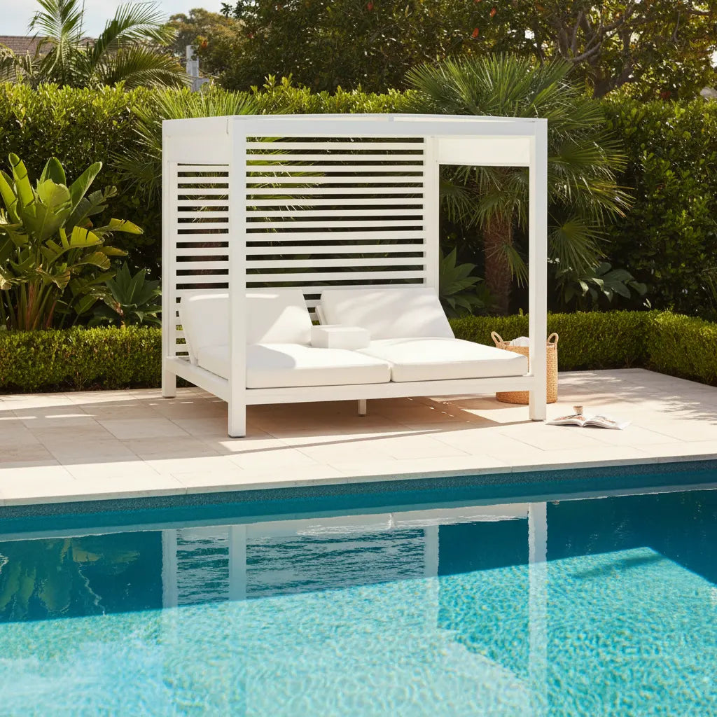 Sun Republic Hamilton Outdoor Double Daybed Cabana in Pearl White poolside in a outdoor setting