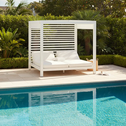 Sun Republic Hamilton Outdoor Double Daybed Cabana in Pearl White poolside in a outdoor setting