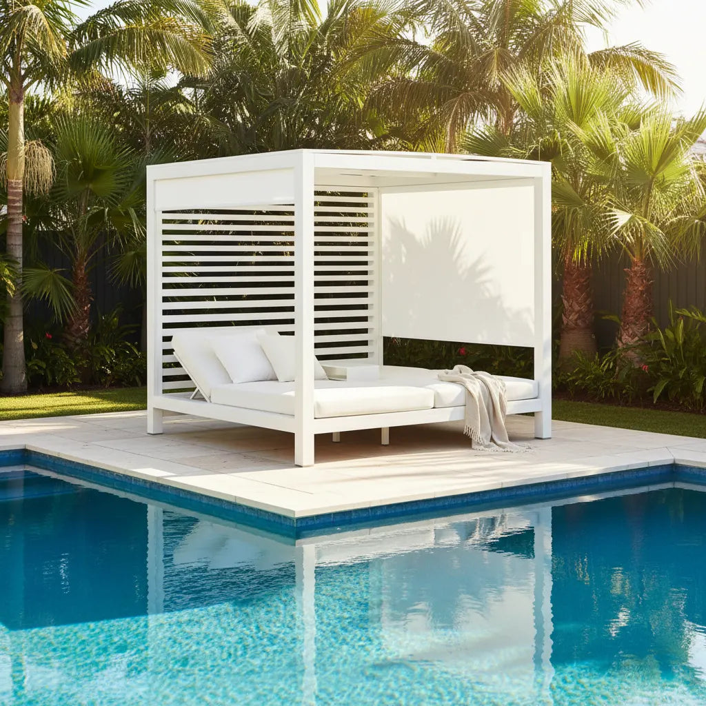 Sun Republic Hamilton Outdoor Double Daybed Cabana in Pearl White poolside in a outdoor setting