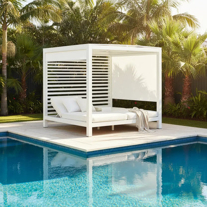Sun Republic Hamilton Outdoor Double Daybed Cabana in Pearl White poolside in a outdoor setting