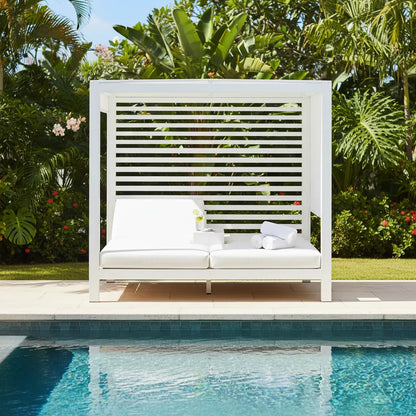 Sun Republic Hamilton Outdoor Double Daybed Cabana in Pearl White poolside in a outdoor setting